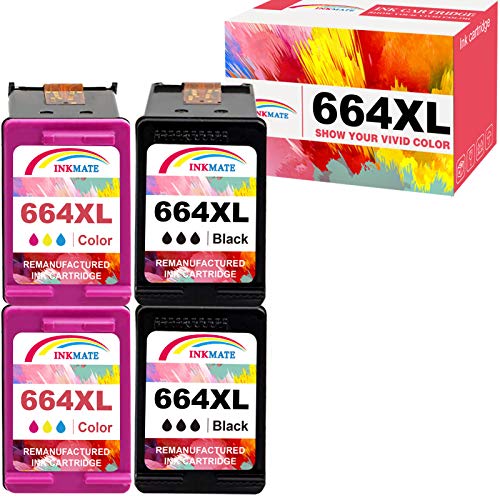 INKMATE Re-Manufactured Ink Cartridge Replacement for 664XL F6V30A / F6V31A DeskJet Ink Advantage 1115 DeskJet Ink Advantage 2136 DeskJet Ink Advantage 3636 2Black 2Tri-Color 4 Pack