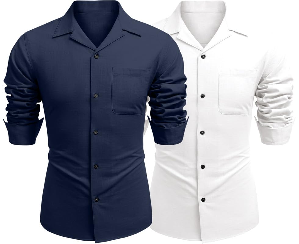 Image of Combo of Men's Casual Cotton Blend Shirt || Long Sleeve Button Down with Spread Collar | Lightweight Breathable Fabric | Stylish Solid Shirt for Beach, Office & Everyday Wear Pack of 2