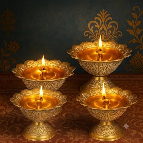 Image of Pure Source India Brass Akhand Diya /Oil Lamp for Pooja, Mandir and Home Decoration (L-2.75inch) 4pcs