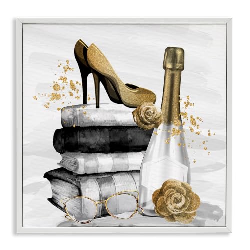 Fashion Heels Champagne Book Stack Glam, 12 x 12 Inch Framed Giclée Print