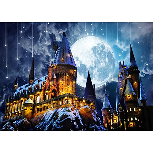 SeekPro 8x6ft Wizard School Magic Castle Backdrop Photography Night Full Moon Background Kids Birthday Halloween Party Decoration Supplies Cake Table Banner Photo Booth Props SK6219D
