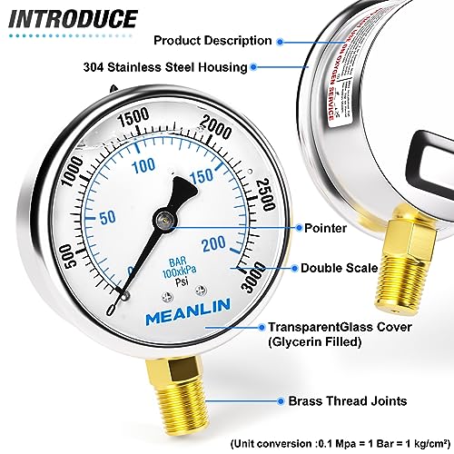 Image of MEANLIN MEASURE 0~3000Psi Liquid Filled Pressure Gauge 1 /4 inch NPT 2.5 inch FACE DIAL Stainless Steel Glycerin Filled WOG Water Oil Air Lower Mount