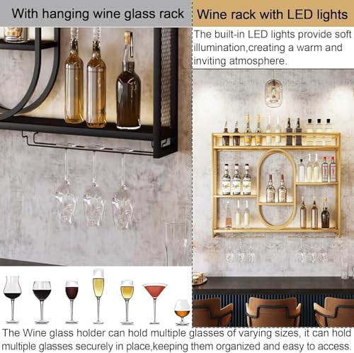 Casier à vin mural avec LED et porte-verre suspendu en métal noir 140x15x80cm