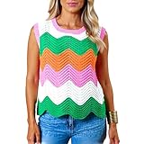 Women's Colorful Chevron Knit Tank Top Summer Round Neck Sleeveless Crochet Vest Casual Boho Beach Vacation Loose Fit Sweater Blouse for Ladies