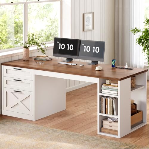 SEDETA 55.1" Farmhouse Office Desk with 3 Drawers, Executive Desk with File Drawer & Storage Shelves, Computer Desk with Power Outlet for Home Office,