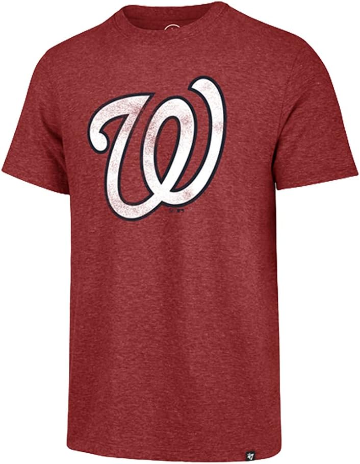 47MLB Men's Distressed Imprint Match Team Color Primary Logo Word Mark T-Shirt (Washington Nationals Red, Large)