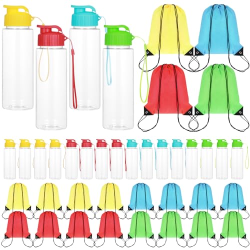 16 Pcs 17oz Plastic Water Bottles Bulk with Drawstring Backpacks, Reusable Sports Water Bottles with Flip Top & Handle Strap, Lightweight Leakproof Drinking Cups for Gym Fitness Outdoor Sports