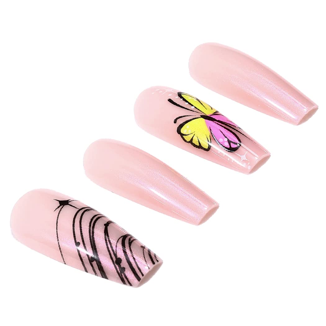 Handcess Coffin Glitter False Nails Medium Pink Press on Nails Butterfly Fake Nails Aurora Stick on Nail for Women and Girls 24Pcs - Image 3