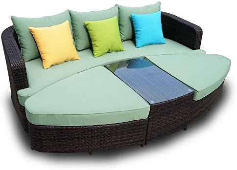 Naples Deep Seating 4 piece Modular Sofa Set in Brown Wicker with Amry Green Cushions
