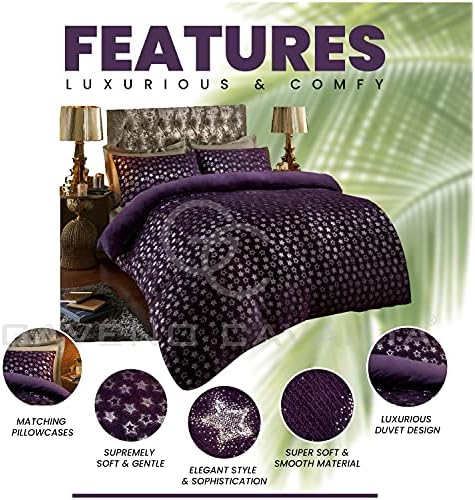GC GAVENO CAVAILIA Teddy Fleece Quilt Cover Stars Bedding, Thermal Warm Sherpa Soft & Cosy Fluffy Double Duvet Set, Purple
