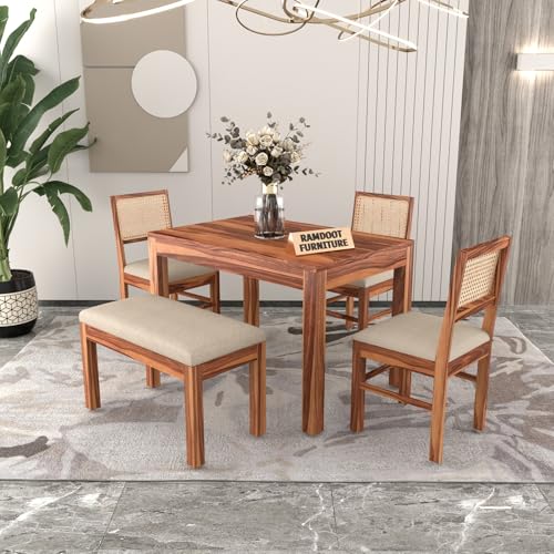 Image of Solid Wood Cane 4 Seater Dining Table Set | Four Seater Dining Table With 3 Cushions Chairs & 1 Bench For Dining Room | 4 Seater Dining Set for Hotel Restaurant | Sheesham, C-Honey