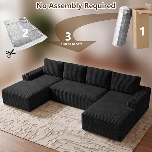 Image of 133 inch U-Shape Cloud Couch, Modern Modular Sectional U-Shape Sofa, Corduroy Boneless Couch Upholstered Couches Deep Seat Sleeper Chaise Longue for Living Room, No Assembly Required, Black