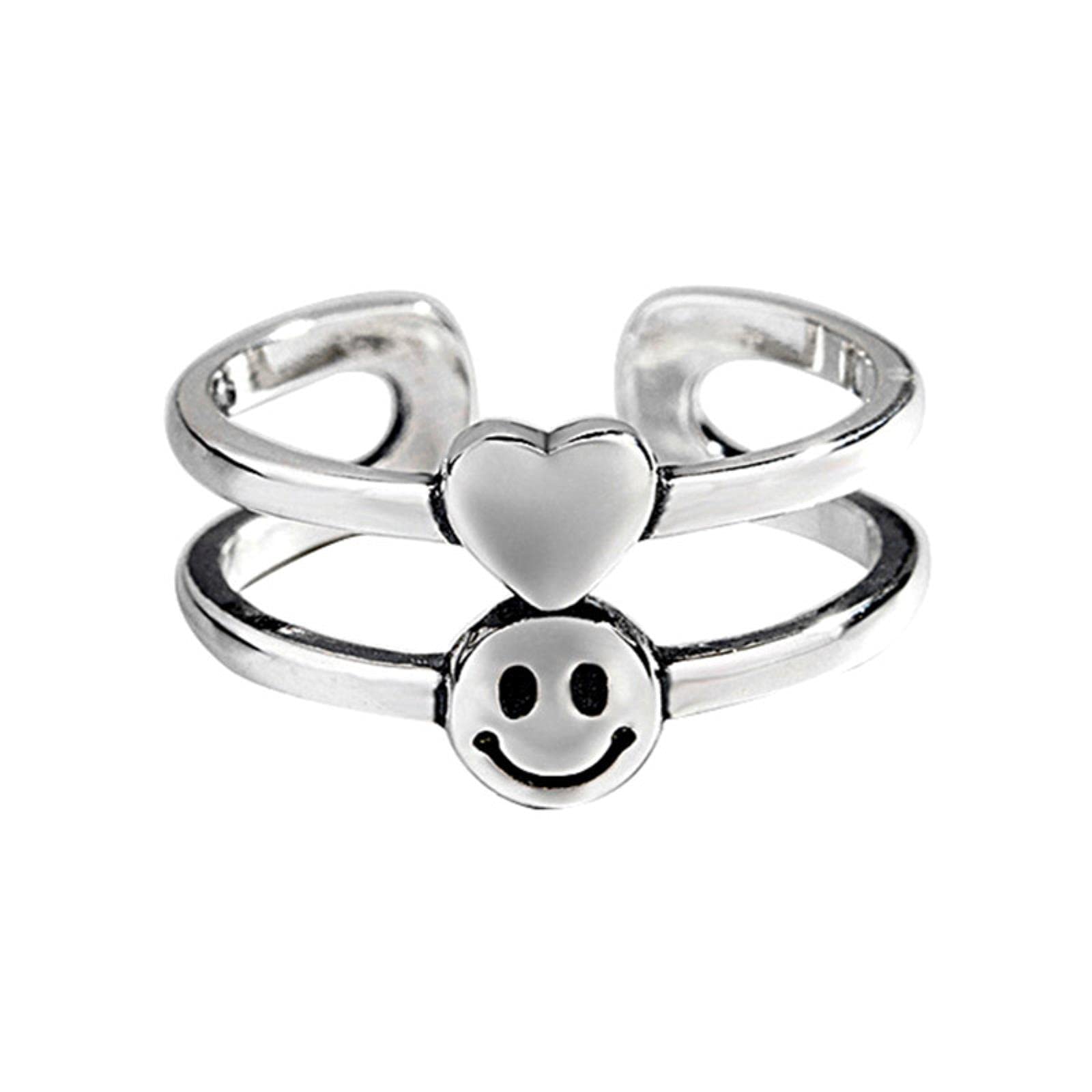 HCMA 925 Silver Vintage Double Layer Love Heart Smiling Face Silver Rings Adjustable