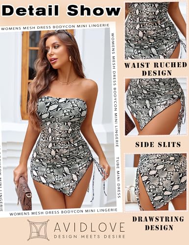 Image of Avidlove Womens Mesh Bodycon Mini Lingerie Dress Y2k Clubwear Outfits | Y2K Mesh Dress, Ruched Drawstring Waist, Sexy Side Slits, Tube Top Backless, Night Clubwear, Mini-length, Sleeveless