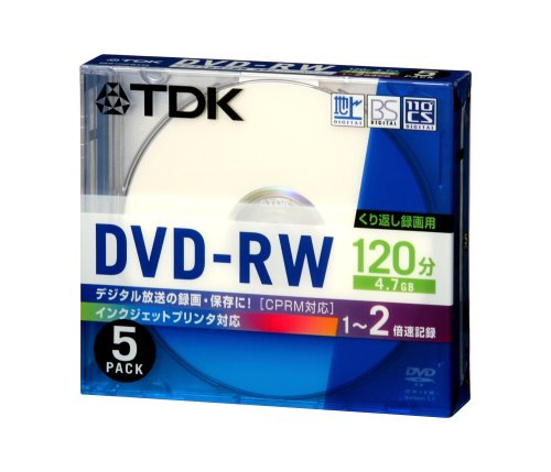 TDK DVD-RW CPRM regrabable compatible con 4.7 GB 120 min 1-2 x blanco inyección de tinta imprimible 5 unidades 5 mm funda delgada DRW120PWX5K (importación de Japón)