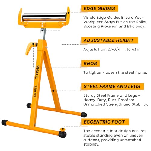 Shall 2-Pack Folding Roller Stand - Heavy Duty 250 LBS Load Capacity - 27.8-43'' Adjustable Height - for Table Saw Outfeed Woodworking 2 Shall 2-Pack Folding Roller Stand - Heavy Duty 250 LBS Load Capacity - 27.8-43'' Adjustable Height - for Table Saw Outfeed Woodworking - Image 2