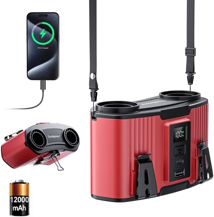 Doublepow 12000mAh Portable Waist Fan, Personal Waist Fan, Dual Air Ducts Motors, USB Rechargeable Clip On Belt for Working, 10 Speeds & 23H Wearable Neck Cooling, for Outdoor, Work, Travel (Red)