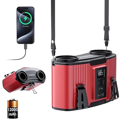 Doublepow 12000mAh Portable Waist Fan, Personal Waist Fan, Dual Air Ducts Motors, USB Rechargeable Clip On Belt for Working, 10 Speeds & 23H Wearable Neck Cooling, for Outdoor, Work, Travel (Red)