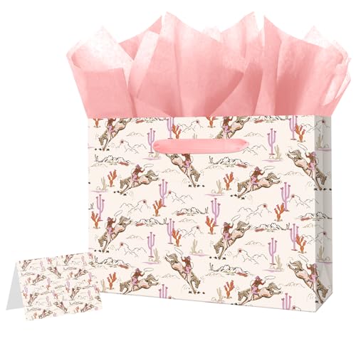 Linelglobal Large Cowgirl Gift Bag with Tissue Paper for Women Girl Birthday Western Theme Party Rodeo Stuffer 12.6