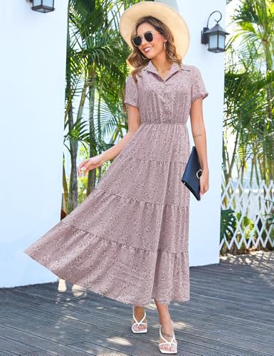 Image of Kranda Women 2026 Summer Collared V Neck Short Sleeve Button Down Chiffon Long Tiered Floral Maxi Dress with Pockets