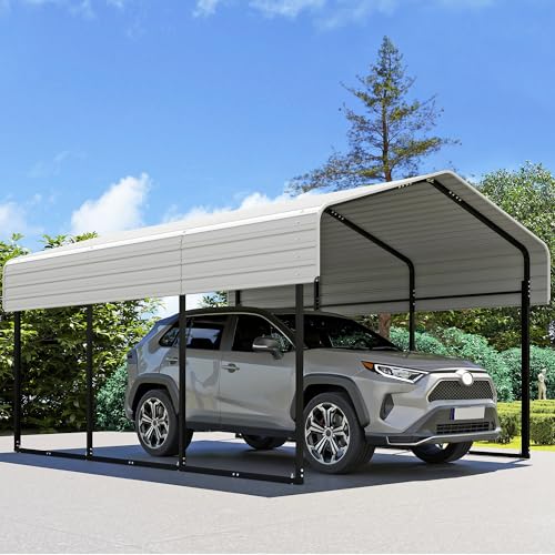Image of Real Relax 10x15FT Heavy Duty Carport, Metal Car Port Multi-Use Outdoor Storage Cars, Boats, Trucks, Galvanized Metal Roof, Cream White