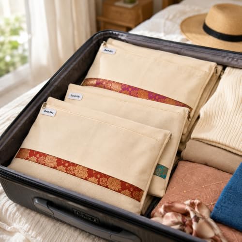 Image of Beddify Pack of 6 Cotton Saree Bags Covers For Storage Big Size Single (16 X 14 Inches) With Zip Closure For Clothes Bags And Wardrobe Organizer With Transparent Mesh Window, Beige