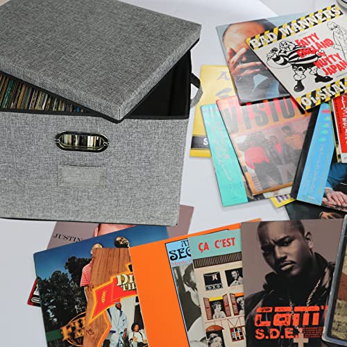 12-Inch Vinyl Record Storage Boxes with Lids and Handles, Stylish and Practical LP Record Organizer for 100+ Single Records, Suitable for Living Room, Study, Concert Hall or Office,4-Pack - Thumbnail 2
