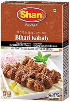 Shan Bihari Kabab Recipe and Seasoning Mix 1.76 oz (50g) - Spice Powder for Tender Barbecue Meat Strips - Suitable for Vegetarians - Airtight Bag in a Box