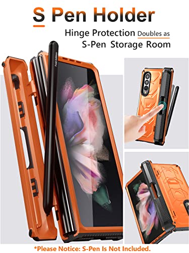 Bxyjy For Samsung Galaxy Z Fold 3 Case With S Pen Holder, Built-In Kickstand/Hd Screen Protector/Camera & Hinge Protection, 360° Protection Phone Case Cover For Samsung Galaxy Z Fold 3 5G (Orange) #TOP2