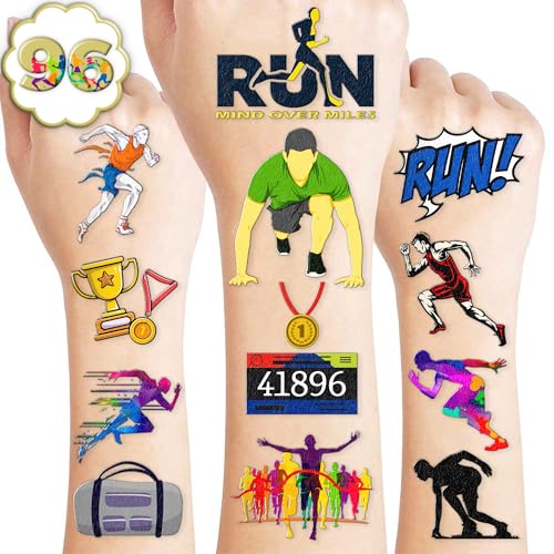 96 PCS Running Pre-Cut Temporary Tattoos Birthday Party Decorations Supplies Favors Sport Marathon Finish Line Run Themed Decor Stickers For Boys Girls Gift School Prizes Rewards