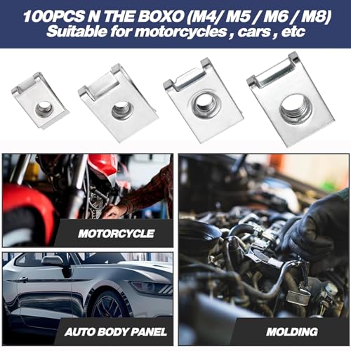 100 Stück Blechmutter, U-Typ Blechmuttern mit Kreuzschlitzschraubendreher, M4/M5/M6/M8 Blechmuttern Sortiment Set, Edelstahl Gewinde Clip Mutter, Mutter Clip Kit für Auto Karosserieschrauben Muttern
