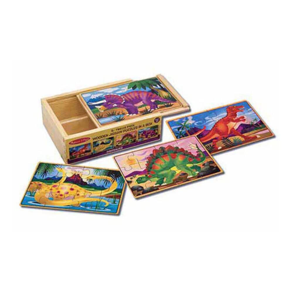 Melissa & Doug Dinozaury 4 w 1 drewniane puzzle w pudełku do przechowywania, 48 sztuk (artykuł # FOURDINO)