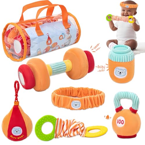 Gdbykds Jouet Bebe Gym Peluche 6 Pièces, 0-12 Mois Bébé Jouets - Jeu Montessori avec Haltère/Sac à Main/Sac De Sable/Bouilloire/Tendeur/Serre - Tête Sport Baby Gym, Hochet Bebe 3-6 Mois