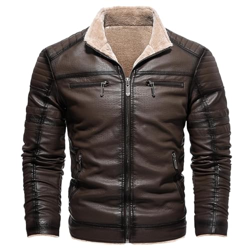 Chaqueta de cuero para hombre, chaqueta de piel sintética, forro polar, abrigo de piel sintética, forro polar, abrigo de invierno, parka de invierno, chaqueta térmica de invierno, marrón, M