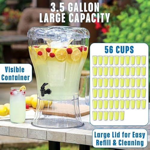 Buddeez Clear Drink 3.5 Gallon Plastic Beverage, Comes with Stand, Spigot, Ice Cone, Large Punch Dispenser for Parties