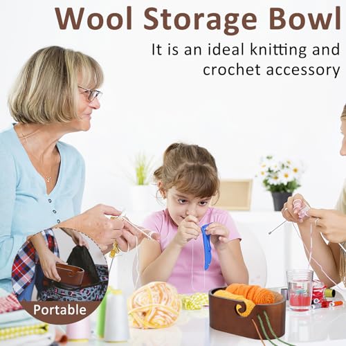 Image of Wooden Crochet Bowl with Swirl Design - Oval Yarn Holder with Holes for DIY Knitting & Crocheting