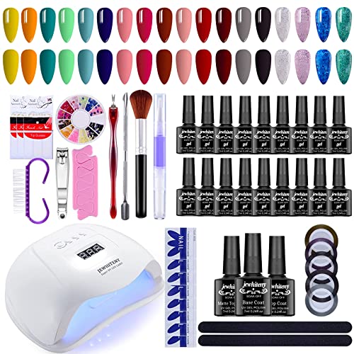 JEWHITENY Gel Nail Polish Kit with UV LED Light 18 colors Gel Polish Set Base Gel Top Coat Starter for DIY Home Manicure Halloween Gel Nail Kit Gift for Women