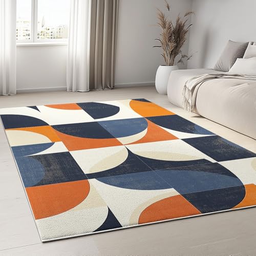 Tapis Salon Chambre Adulte Poil, Tapis à Poils Courts et denses Motif Géométrie Vintage Cercles, Tapis Lavable en Machine Antidérapant Bleu Orange, 120 x...