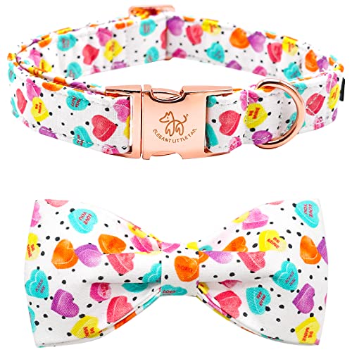 Elegant Little Tail Mother's Day Heart Dog Collar, Cute Pink Bowtie, Adjustable Small Dog Collar, Cotton Material, Unique Bowtie Design, Handmade Bows, Heart Pattern, Durable, Versatile Gift Option