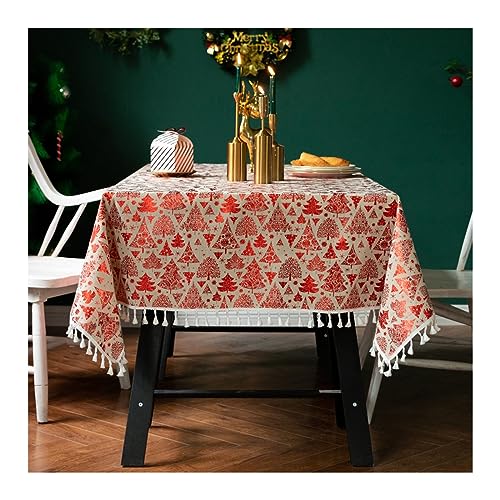 Nappe rouge imprimé sapin de Noël lin 140x260cm table anti-tache - 2