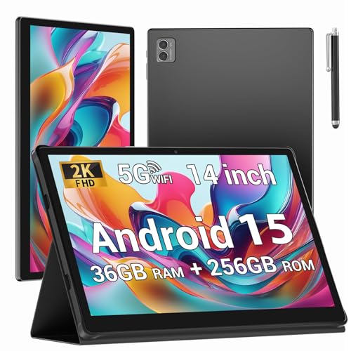 BEYNIVAN Tablette 14 Pouces Android 15 Tablette Tactile avec 5G WiFi,36Go+256Go/11580mAh/20W/13+8MP/Octa-Core/Face ID/TÜV/GMS/BT5.0/GPS/Tablette avec étui,Noir