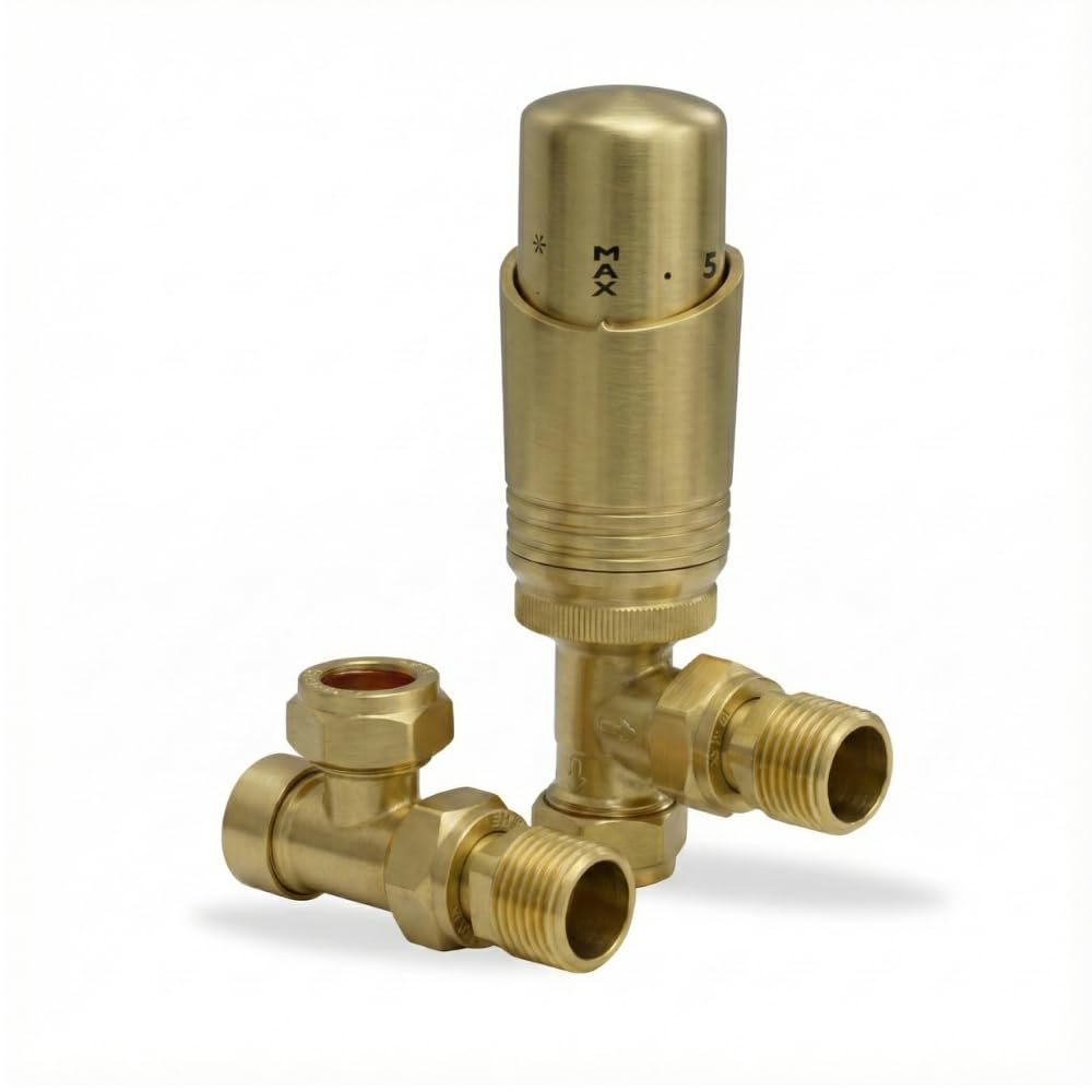 LavaTherm Thermostatic Radiator Valve TRV – 15 mm Angled – Energy Saving Central Heating Radiator Valve – Premium Brass Replacement TRV and Lockshield – Brushed Brass