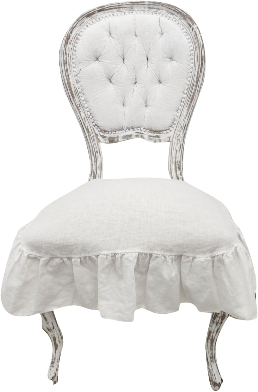 100% Linen Chair Seat Cover for Dining Room with 4 Sided Ruffle in Small (White)