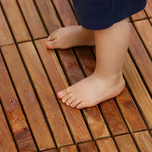 Image of Bare Decor EZ-Floor Interlocking Flooring Tiles in Solid Teak Wood Oiled Finish (Set of 10), Long 9 Slat