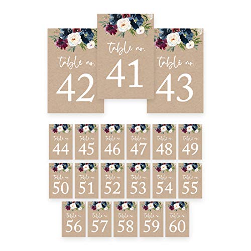 Andaz Press Kraft Brown with Burgundy Midnight Blue Florals Fall Baby Shower Party Collection, Table Numbers 41-60 on Perforated Paper, Single-Sided, 4X 6-inch, Floral Bouquet Graphic Design, 1 Set