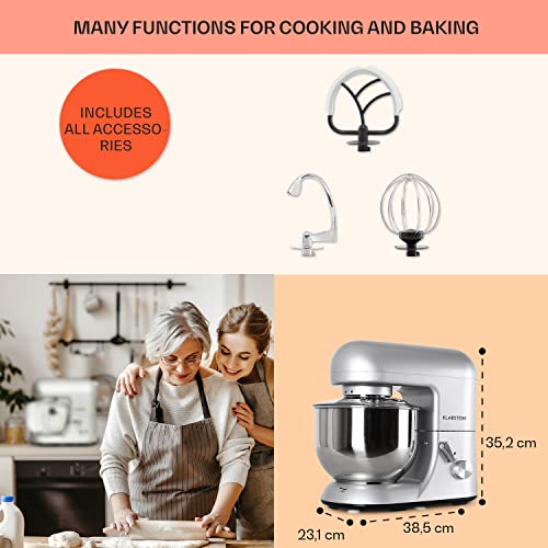 Klarstein Bella - Stand Mixer, Mixer, Food Mixer, 1300W, 5l Stainless Steel Bowl, 6 Speed, Range of Accessories, Keyless Chuck for Tool Holder, Easy to Operate - Silver - Image 5