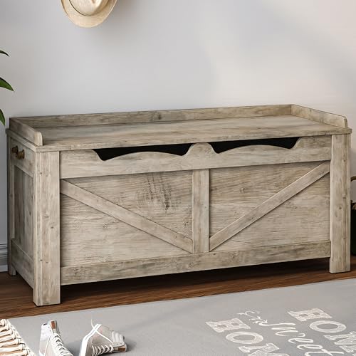 Hzuaneri Banc de Rangement, Coffre de Rangement à Couvercle Relevable avec 2 Charnières de Sécurité, Banc Chaussures en Bois pour Chambre à Coucher, Entrée, Salle de Séjour, Lvoire Clair SB04505X