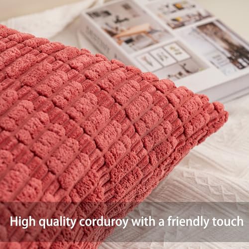 Image of Pack of 2 Corduroy Decorative Throw Pillow Covers 20x20 Inch, Cranberry Red | Fall Soft Striped Pillow Covers Modern Farmhouse Home Decor Christmas Throw Pillow Covers for Sofa Living Room Couch Bed