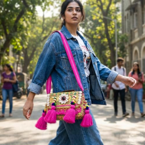Image of MOMISY Handicraft Handmade Cotton Ethnic Rajasthani Embroidered Banjara Bags for Women Sling Clutch with Handle Purses for Ladies Girls