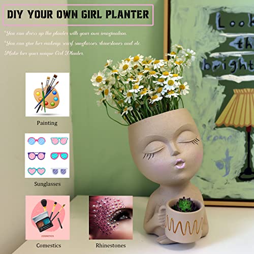 Dolkgy Face Flower Pot Head Planter For Indoor Outdoor Plants, Unique Lady Head Planter With Cute Teacup Pots With Drainage Hole, Decorative Plant Face Vase Funny Succulent Planters, Nice Diy Gifts #TOP2